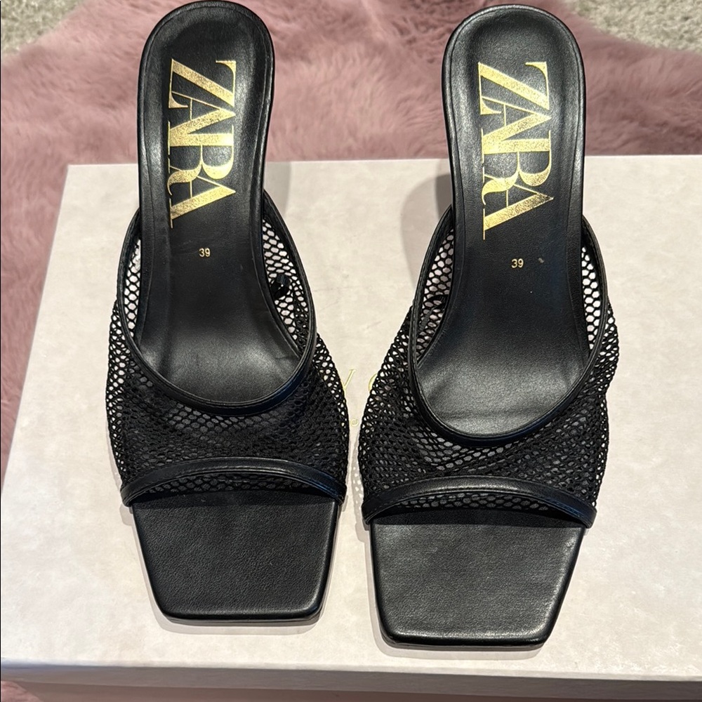 Zara Black Mesh Square Toe Mules